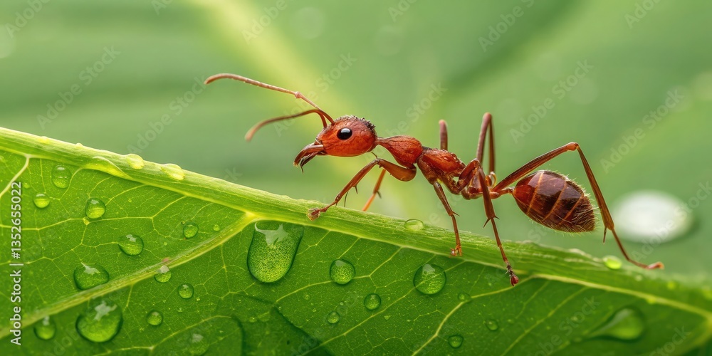A detailed close-up of a red ant walking on a vibrant green leaf, showing its tiny legs, antennae, and body segments. A detailed close-up of a red ant walking on a vibrant green leaf, showing its tiny legs, antennae, and body segments.