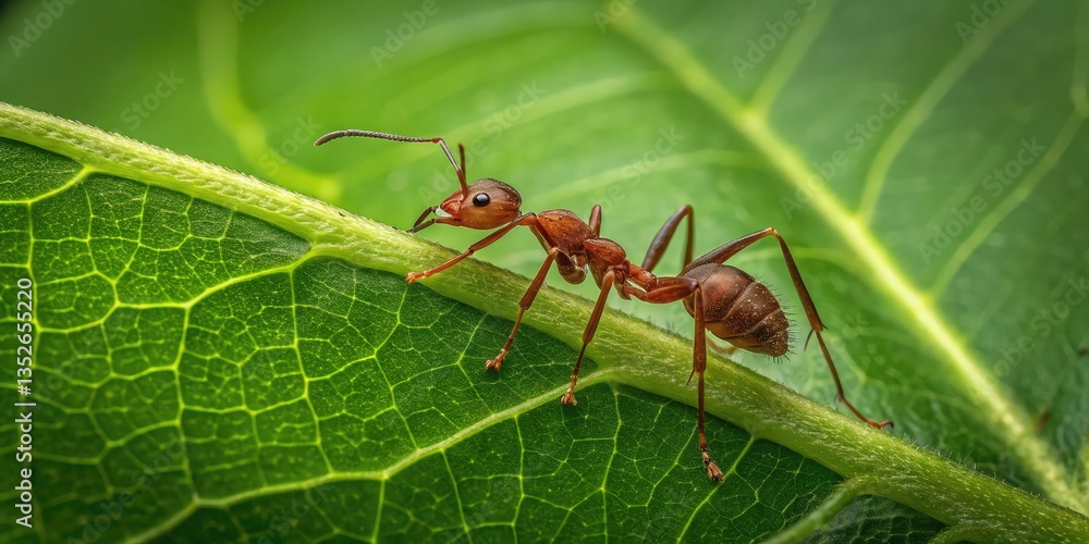A detailed close-up of a red ant walking on a vibrant green leaf, showing its tiny legs, antennae, and body segments. A detailed close-up of a red ant walking on a vibrant green leaf, showing its tiny legs, antennae, and body segments.