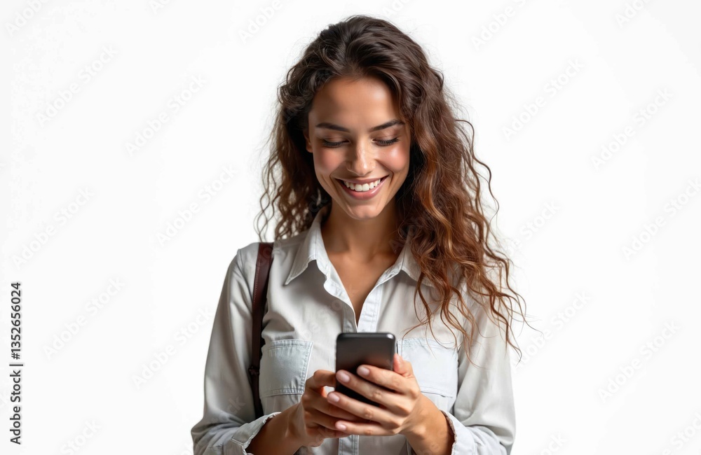 Smiling woman uses smartphone. Attractive female with long curly hair, in a shirt, holds mobile phone. Reading online, messaging, social media app. Technology, communication concept. Smiling woman uses smartphone. Attractive female with long curly hair, in a shirt, holds mobile phone. Reading online, messaging, social media app. Technology, communication concept.