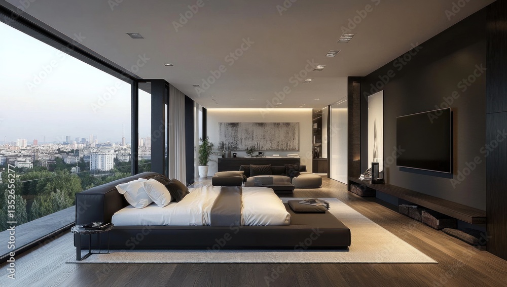 Fototapeta premium A modern bedroom with a panoramic city view and interior design