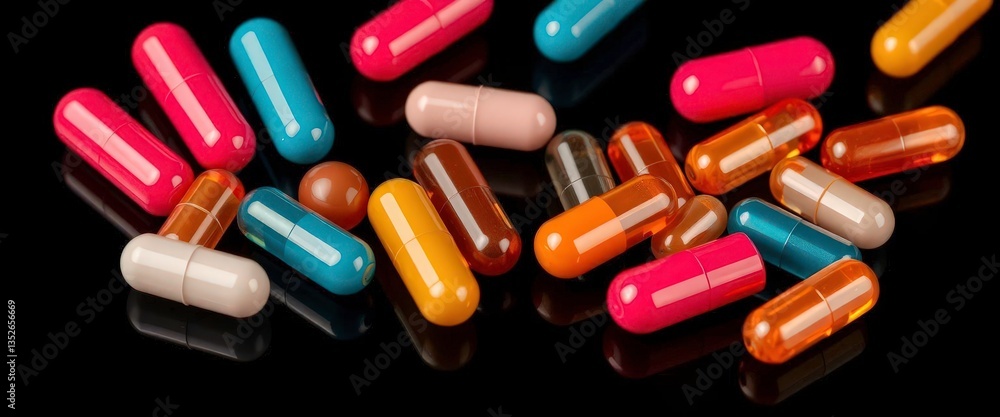 Vibrant capsules & tablets arranged on dark background, glossy sheen, healthcare, treatment Vibrant capsules & tablets arranged on dark background, glossy sheen, healthcare, treatment