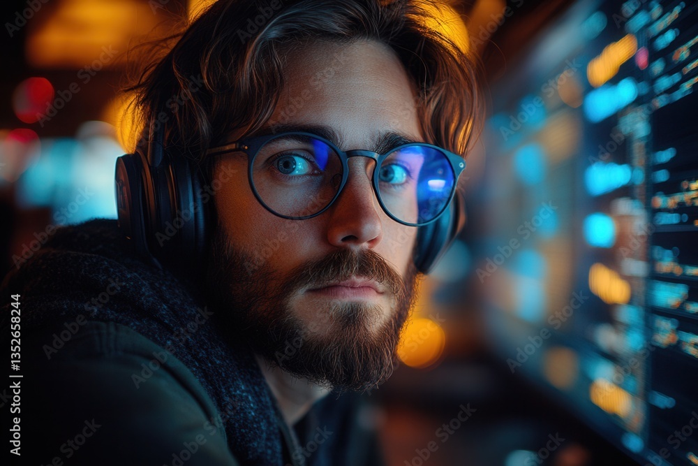Tech enthusiast focused on coding while wearing headphones in a dimly lit workspace with colorful screens in the background Tech enthusiast focused on coding while wearing headphones in a dimly lit workspace with colorful screens in the background