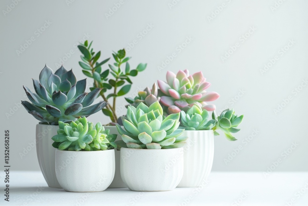 A collection of succulents in white pots, showcasing their diverse textures and colors. A collection of succulents in white pots, showcasing their diverse textures and colors.