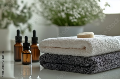 Relaxing Spa Setup With Essential Oils and Towels in a Calming Atmosphere