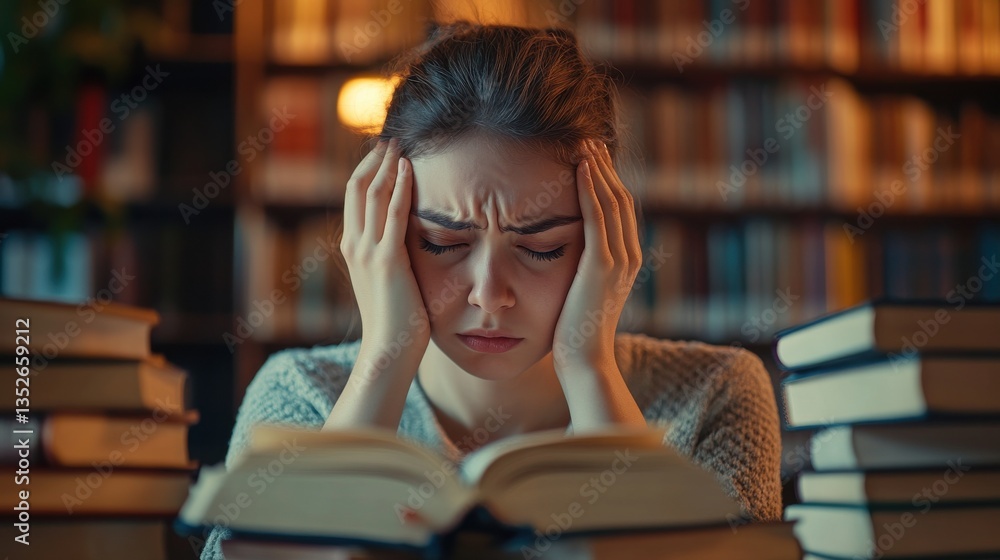 Young Woman Experiencing Stress While Studying in a Library Young Woman Experiencing Stress While Studying in a Library