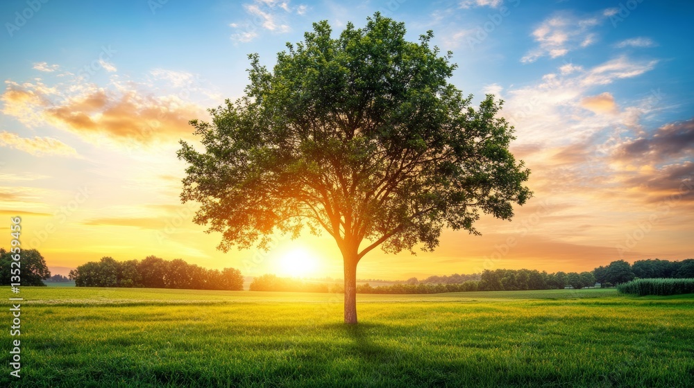 Fototapeta premium A tree stands alone in the green grass, against the backdrop of a sunset sky with clouds.