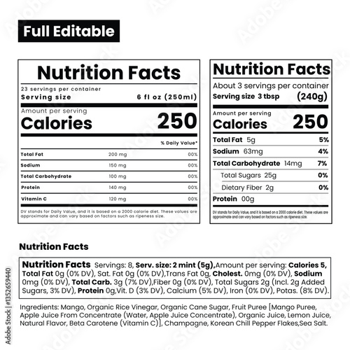 Nutrition facts template design ,Supplement facts and vitamin facts template,  fats and diet calories list for fitness healthy dietary supplement, protein sport nutrition facts