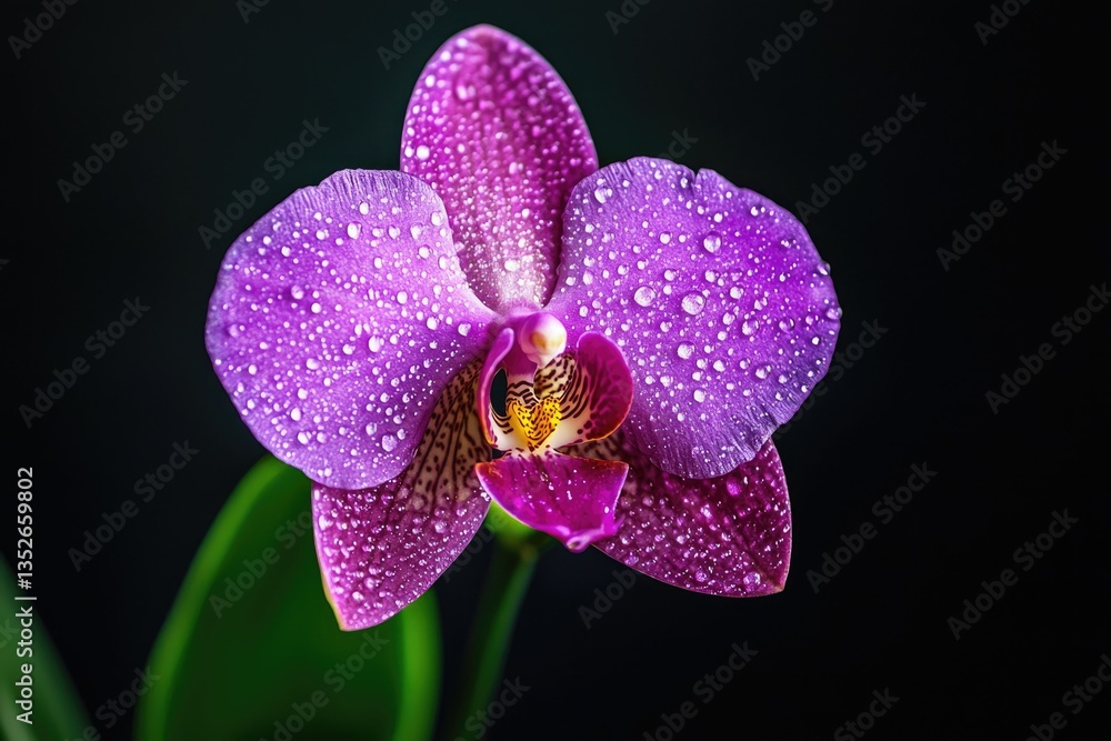 Obraz premium A vibrant purple orchid blossom, glistening with water droplets, stands out against a dark background.