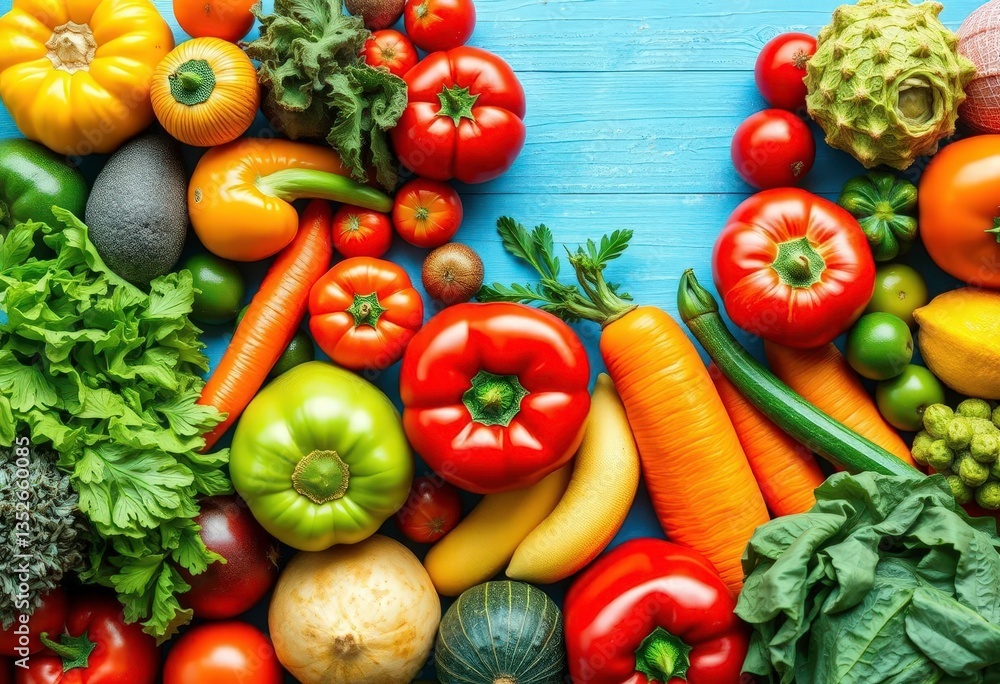 Vibrant rainbow of fresh organic fruits & vegetables overhead, healthy, colorful Vibrant rainbow of fresh organic fruits & vegetables overhead, healthy, colorful