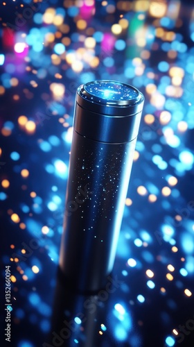A glowing cylindrical device with a sparkling and blurred background