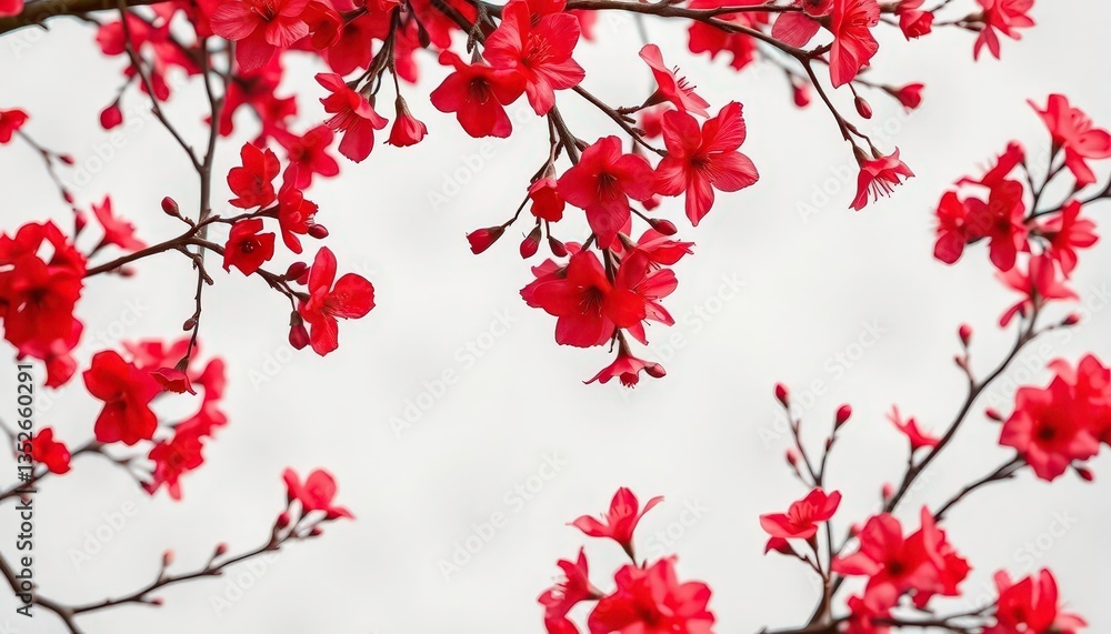 Vibrant red blossoms and branches create a dramatic floral wall art , background, leaves Vibrant red blossoms and branches create a dramatic floral wall art , background, leaves