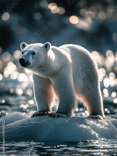 Polar Bear Standing Majestically on Ice in an Arctic Landscape During Twilight