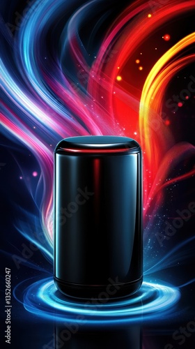 A sleek black cylindrical object surrounded by colorful energy