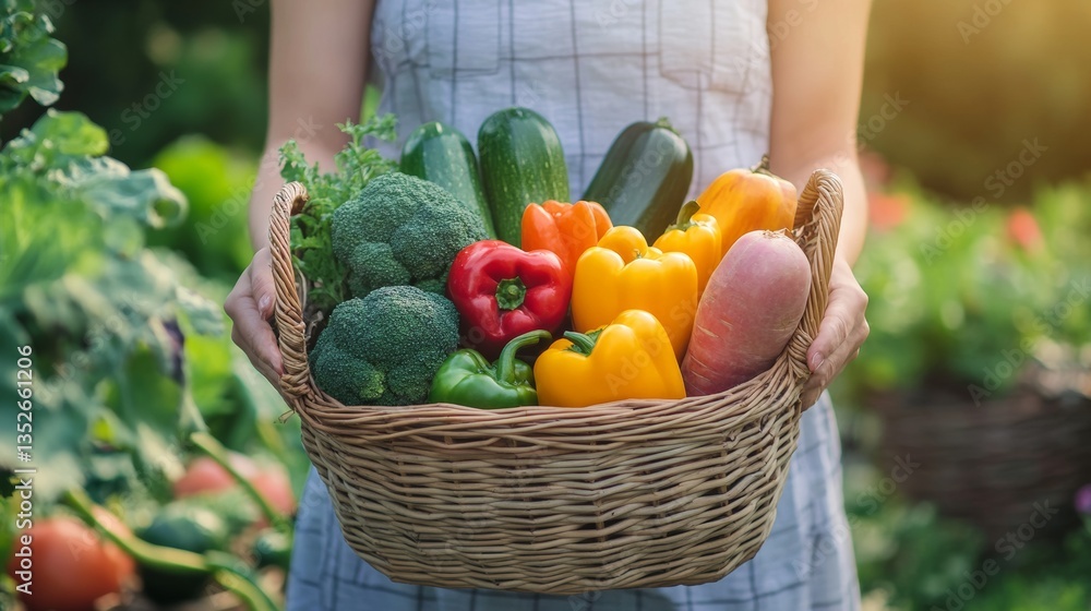 Fototapeta premium A woman holding a basket full of fresh vegetables in the garden. 