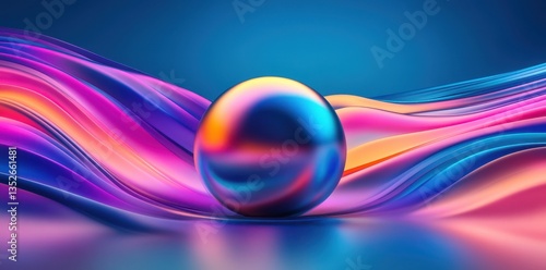 A Shiny Sphere Surrounded by Colorful Flowing Abstract Waves