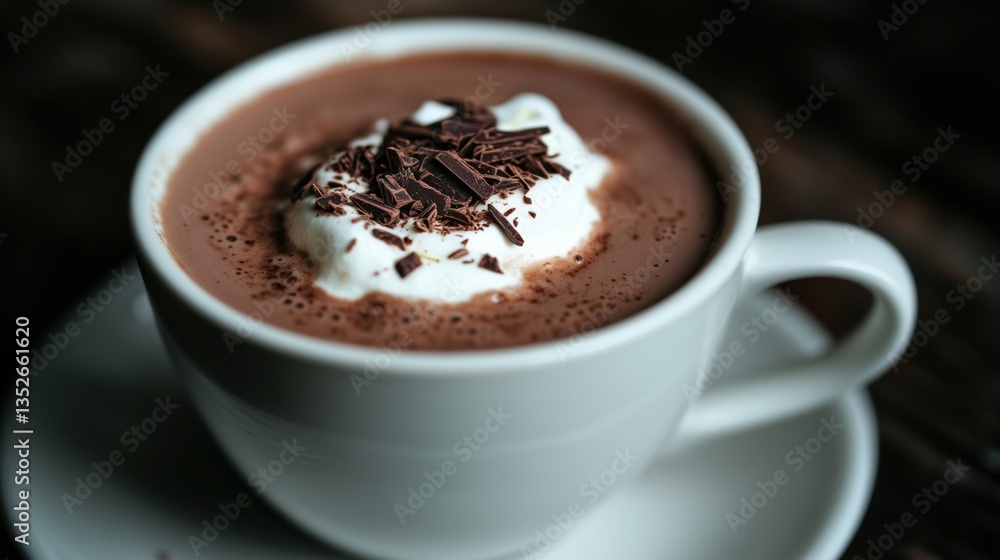 A cup of hot chocolate topped with whipped cream and chocolate shavings. A cup of hot chocolate topped with whipped cream and chocolate shavings.