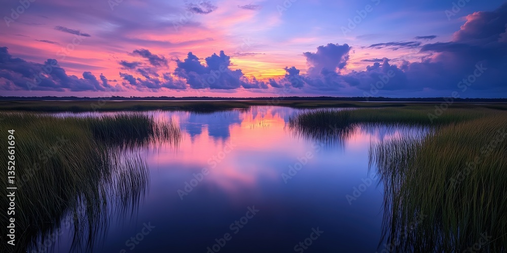 Fototapeta premium Sunset hues on marsh water