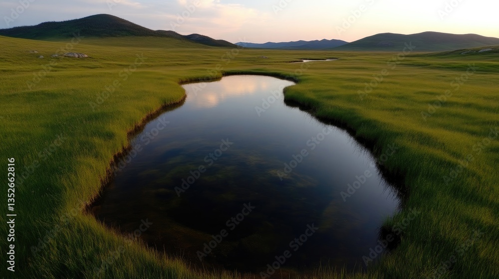 Fototapeta premium Serene mountain meadow pond. Tranquil waters reflecting the soft light of a gentle sunset. Lush green grassland surrounds a secluded pond, showcasing the beauty of a high-altitude valley