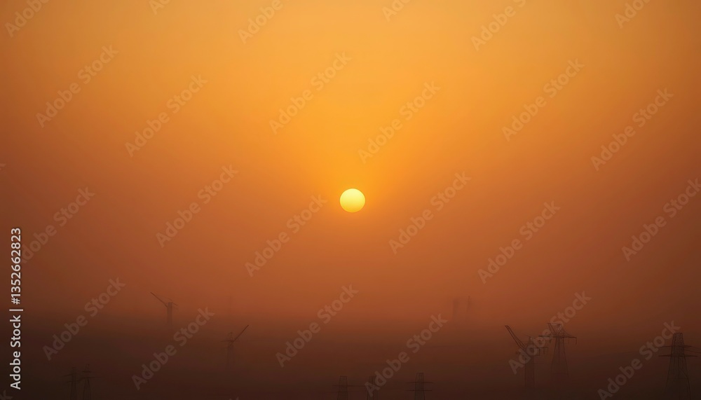 Fototapeta premium Smoggy, hazy orange sky obscuring sun, apocalyptic landscape, barren, hazy