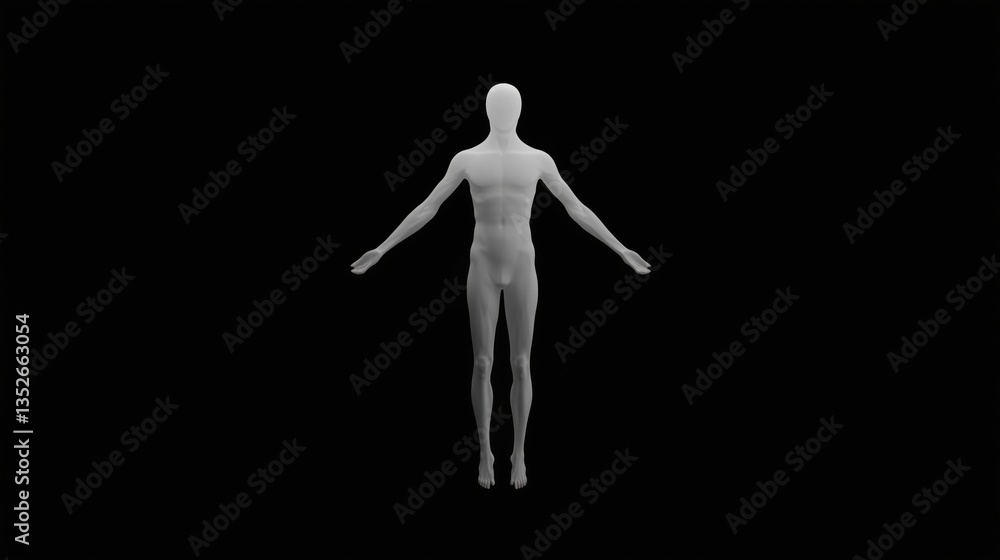 A 3D human figure silhouette with arms outstretched against a black background. A 3D human figure silhouette with arms outstretched against a black background.