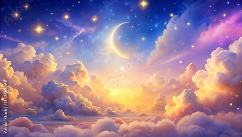 Dreamlike Sky with Soft Pastel Clouds, Golden Sparkles, and a Celestial Glow