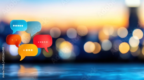 Colorful speech bubbles against bokeh lights background at dusk
