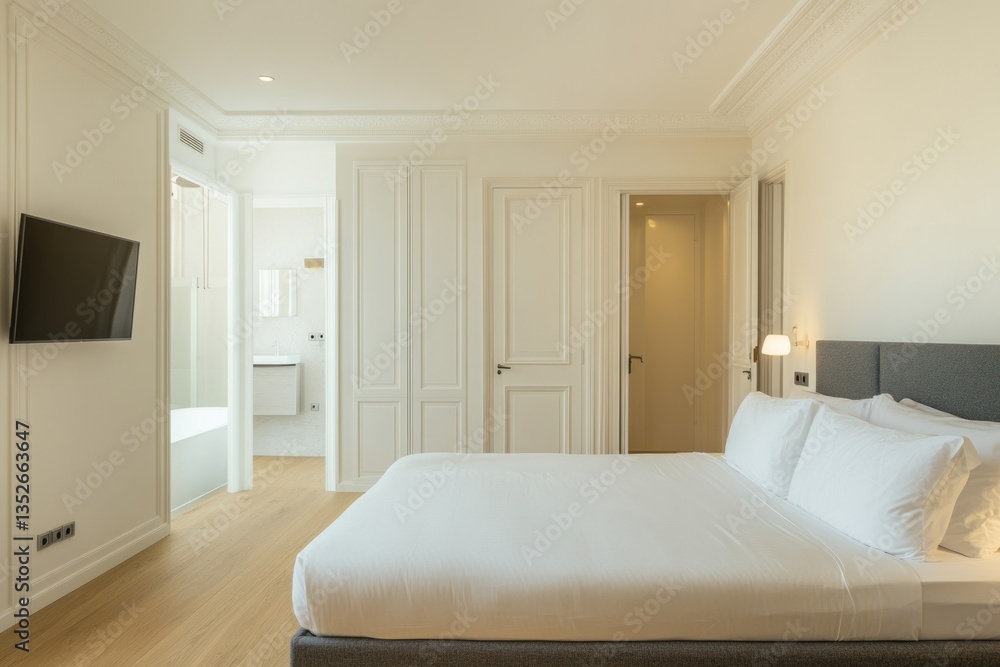 A modern bedroom with a large bed and open doorways A modern bedroom with a large bed and open doorways
