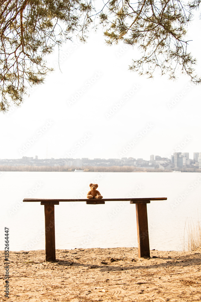 Naklejka premium A child's brown teddy bear sits on a bench on the bank of the Dnieper River in Ukraine in the city of Dnieper in the spring in the forest, loneliness