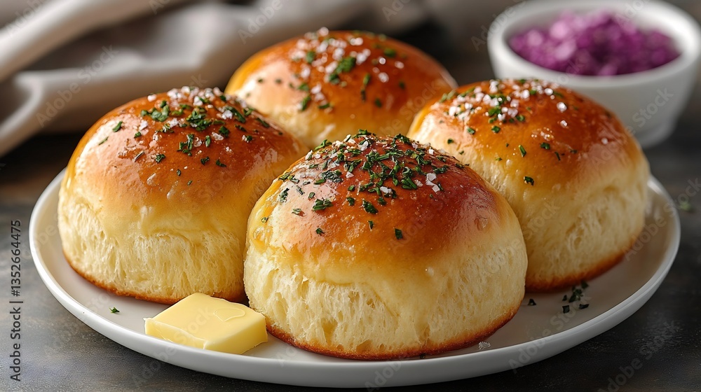 Soft fluffy dinner rolls served on a clean white plate with a pat of butter perfect for any meal isolated on a plain background Soft fluffy dinner rolls served on a clean white plate with a pat of butter perfect for any meal isolated on a plain background