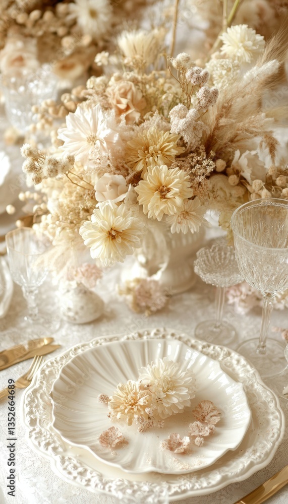 Elegant table setting with dried floral centerpiece and place settings. Subtle, sophisticated, and romantic. Elegant table setting with dried floral centerpiece and place settings. Subtle, sophisticated, and romantic.