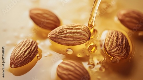 Golden Almond Oil Pouring on Almonds Close Up