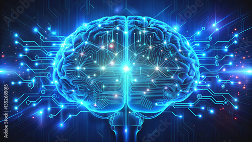Futuristic Digital AI Brain with Neon Blue Glow, Intricate Electronic Circuitry, Data Streams, Advanced Technology, Artificial Intelligence, Modern Design
