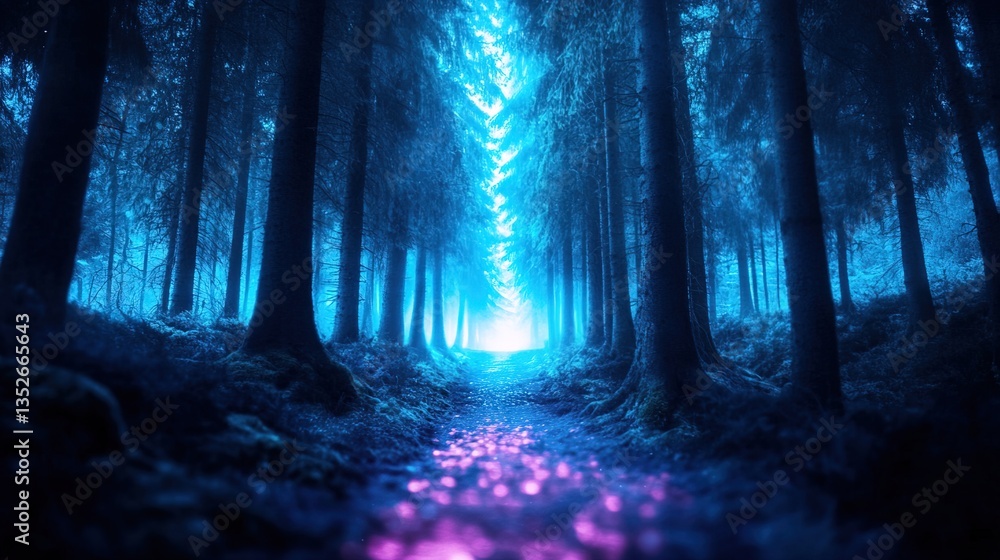 Fototapeta premium Vibrant forest path illuminated by ethereal light in the twilight