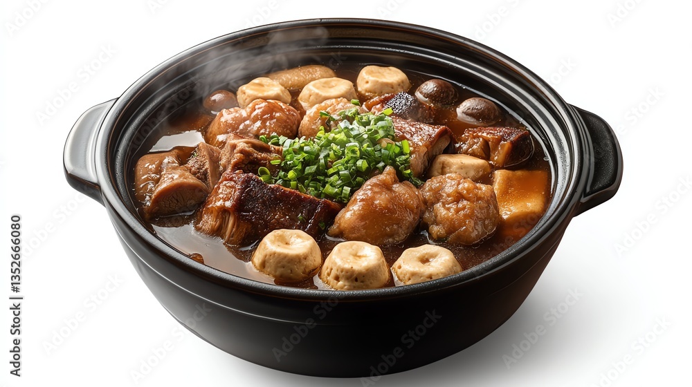 Stewed Meat with Tofu and Mushrooms in a Pot Hot and Steaming Stewed Meat with Tofu and Mushrooms in a Pot Hot and Steaming