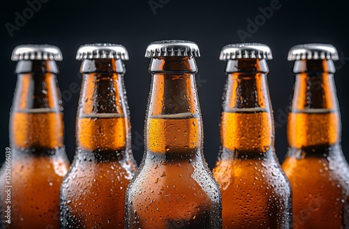Craft Beers Lined up With Water Droplets on the Bottles in a Dark Background
