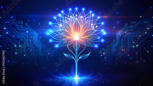 Futuristic Digital Flower with Luminous Petals and Intricate Circuits