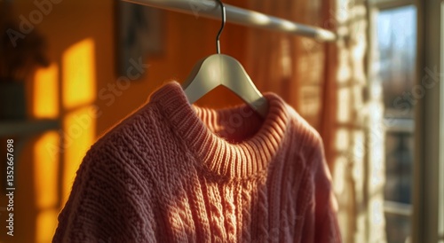Soft Sweaters Hang Against a Sunny Window With Delicate Flowers in a Cozy Int...