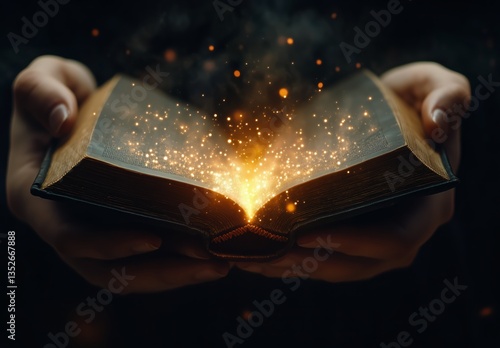 Magical Book Opening With Sparkling Light in Mystical Atmosphere