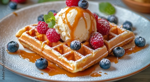 Delicious Waffle Topped With Ice Cream, Berries, and Caramel Sauce Served in ...