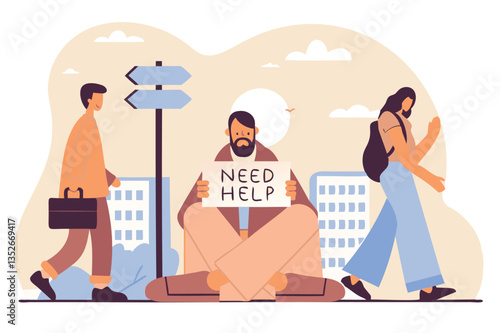 Homeless man begging for help on the street while others people walk by vector illustration