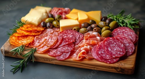Charcuterie Board Featuring Assorted Meats, Cheeses, and Olives Arranged for ...