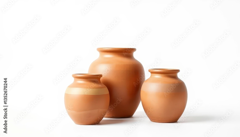 Three clay jars, various sizes, stark white background, minimalist aesthetic, clay jar, neutral Three clay jars, various sizes, stark white background, minimalist aesthetic, clay jar, neutral