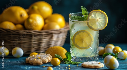 Refreshing Lemonade Drink With Lemons and Cookies on a Blue Background