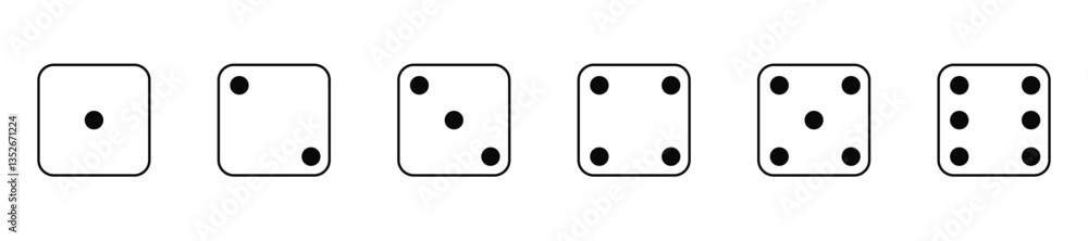 A row of six dice, each showing a different number from one to six, arranged in ascending order on a white background. A row of six dice, each showing a different number from one to six, arranged in ascending order on a white background.