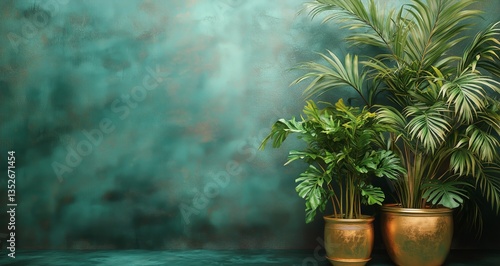Beautiful Collection of Indoor Plants in Golden Pots Against a Turquoised Wall