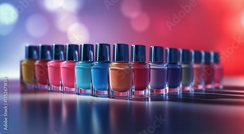 Colorful Nail Polish Bottles Arranged in Creative Display With Festive Lights...