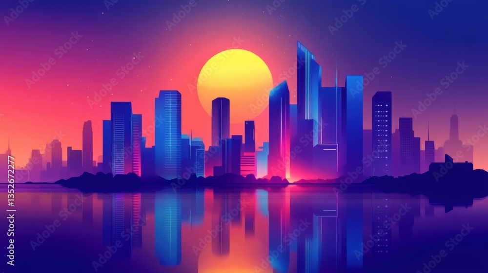 Fototapeta premium Vibrant city skyline at sunset reflected in calm water.