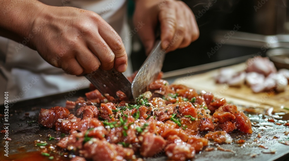 Chef's Hands Chopping Raw Meat on Dark Surface Chef's Hands Chopping Raw Meat on Dark Surface