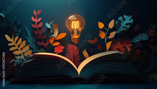 An open book with a light bulb floating above it, surrounded by colorful paper cutouts of leaves and flowers on a dark background.