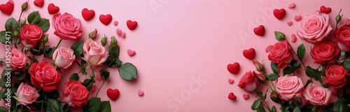 Elegant Bouquet of Red and Pink Roses With Heart Shapes on Pastel Pink Backgr...